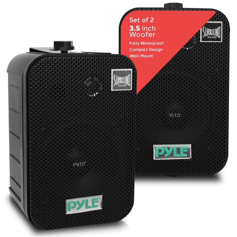 Pyle - Outdoor Speaker System Wired (Pair), Marine Grade 2 Way 300W Peak Power, 3.5" Woofer and 1" Tweeter, Universal Mount For Wall or Ceiling, Use in Pool, Patio, Boat, Deck or Home Theater (Black) - Image 1